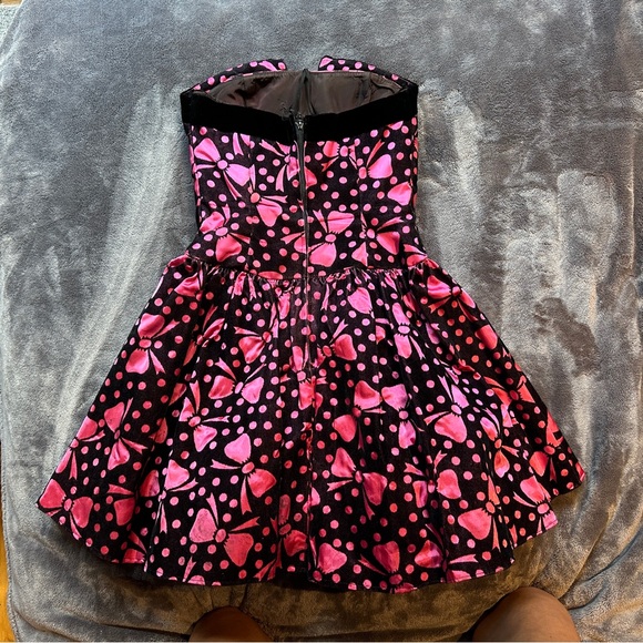 Vintage Hot Pink & Black Large Bow Mini Dress Strapless Barbie Girly Small Glam - Picture 8 of 9